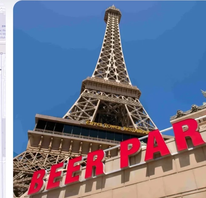 Beer Park sign beneath the Eiffel Tower at Paris Las Vegas