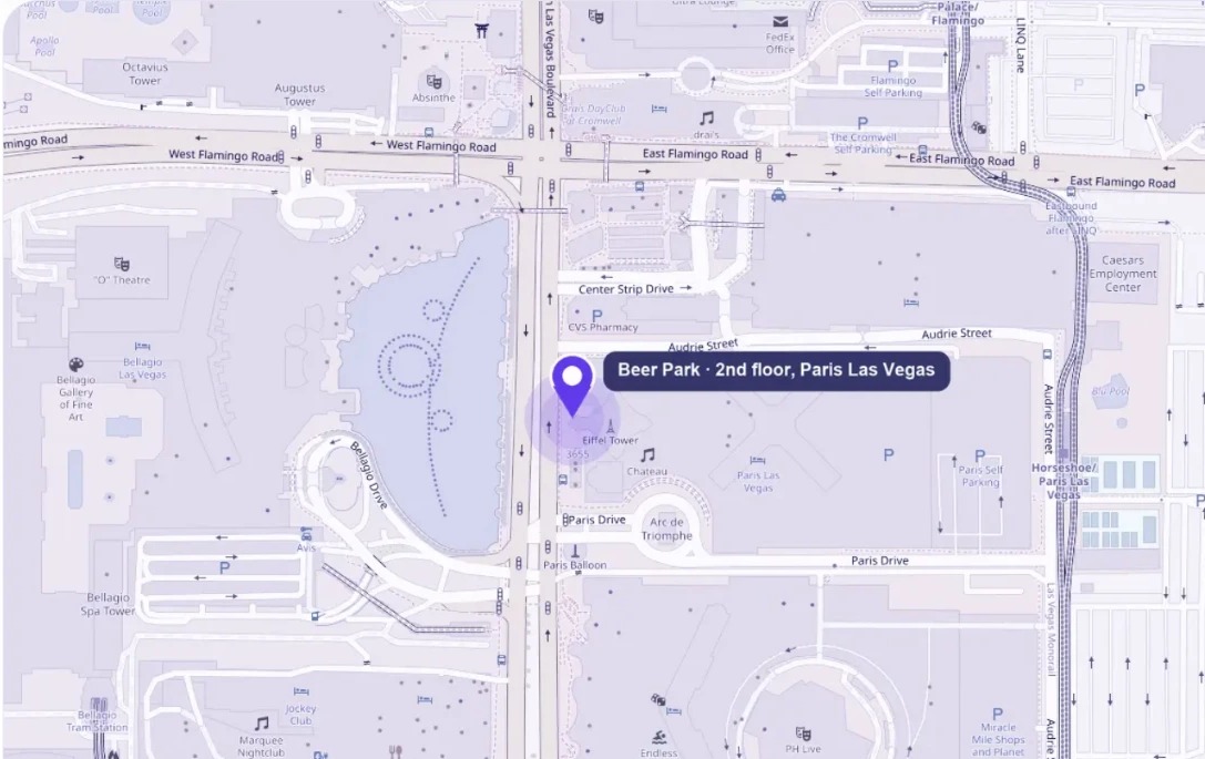 Map showing Beer Park on the second floor of Paris Las Vegas